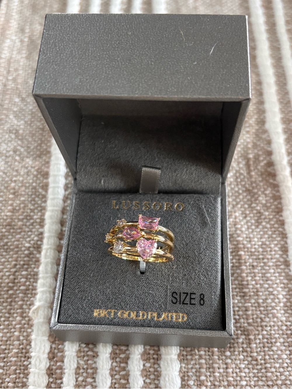 Gold-Plated Ring with Pink Stones Set of 3 Stackable